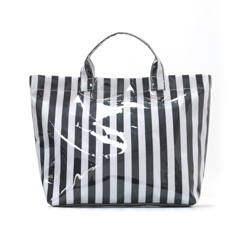 Image of Lushandy Striped PVC Tote Bag for Women, Waterproof Plastic Tote Bag for Beach Pool Large Top Handle Travel Hobo Handbag
