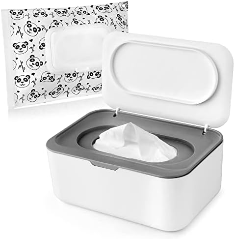 Wipes Holder, Wipes Dispenser with Lid, Pouch with Lid, Baby Wipes Case Keeps Wipes Fresh Wipe Container Regular Storage Case Box(Grey+Panda)