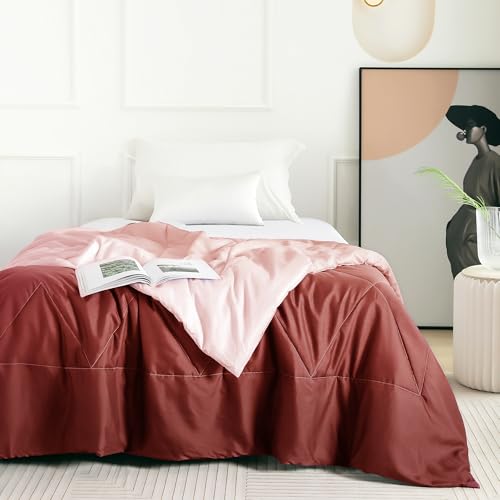 Image of Ac Comforter Single Bed Ombre with Satin Finish 240 GSM - Reversible AC Comforter - Peach & Red Comforter Quilt Duvet Dohar Blanket for Summer 150 x 225cm