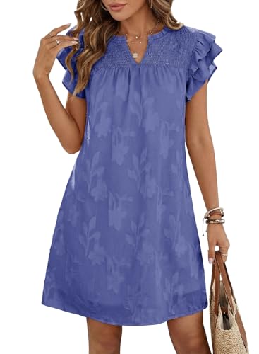 Image of Dokotoo Womens Summer Dresses 2026 Ruffle Short Sleeve Casual V Neck Smocked Floral Burnout Mini Dress Sundress