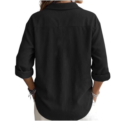 Corduroy Shirt Women Comfy Half Button Long Sleeve Henley Neck Tunic Tops | Black Womens Corduroy Shirt Cotton Fall Knited Flannel Henley Neck Ribbed Loose Fit Tunic Tops Casual Workout Shirts - image 4