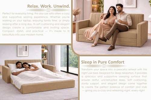 Image of Rosebell 3 Seater Foldable Sofa-Cum-Bed | 3-in-1 Convertible Couch with Armrest | Modern Fabric Sofa for Living Room, Bedroom & Office-Golden-Color