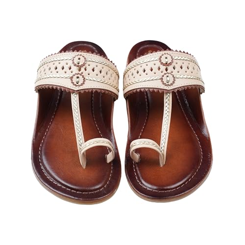 Image of Women's Kolhapuri Sandals - Handcrafted Leather Flats Chappals with Toe Ring, Comfortable Slip-On Ethnic Footwear with Embroidery & TPR Leather Sole