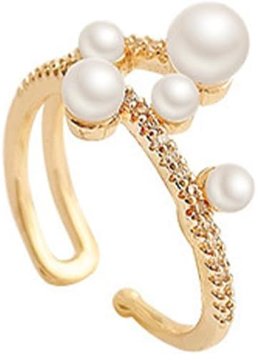 Hebelee Shell Pearls Statement Ring for Women CZ Layered Rhinestone Pearls Open Band Finger Rings Comfort Fit Dainty Wedding Anniversary Jewelry