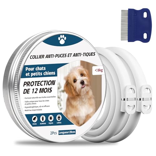 2 Pcs Collier Anti Puces pour Chien, 65cm Réglable Collier Anti-Puces et Tiques pour Chiens et Imperméable, 8 Mois Protéger (Chiot, Chat)