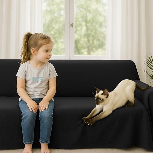 Byour3 - Sofabezug 2 3 4 Sitzer Leichte 100% Reine Baumwolle Sofa Cover Schutzhülle Sofaüberwurf L U Form Ecksofa Sofa Couch Abdeckung Alles Couchbezug Abwaschbar (Schwarz, 3 Sitzer)