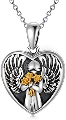 ROMANTIC WORK Angel Heart Shape Locket Necklace that Holds Pictures Sterling Silver Sunflower Pendant Jewelry Graduation Gift for Women, Engraved Forever In My Heart, 14 K White & Yellow Gold Plated