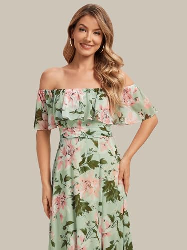 Image of Ever-Pretty Women's Summer Off The Shoulder Flowy Chiffon Formal Wedding Guest Dresses Maxi Side Split Beach Bridesmaid Dress