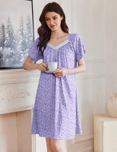 Ekouaer Womens Nightgown Lace Trim V Neck Sleep Shirt Flare Short Sleeve Night Gown Pleated Nightshirt Ladies Nightdress2