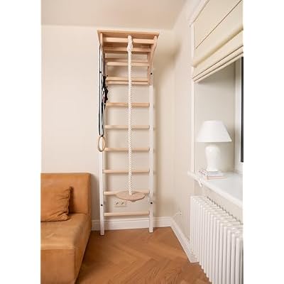 BenchK 212W + A204 Swedish Ladder for Kids, Wooden Wallbars, Stall Bars, Gymnastic Ladder, Wooden Furniture with Adjustable Pull Up Bar, BenchTop Used as a Desk and Gymnastic Accessories