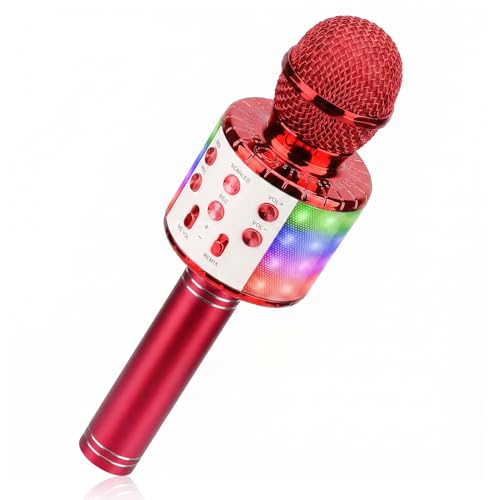 ShinePick Microfono Inalámbrico Karaoke, Micrófono Karaoke Bluetooth Portátil con Altavoz y LED para Niños Canta Partido Musica, Compatible con Android/iOS PC, AUX o Teléfono Inteligente (Rojo)
