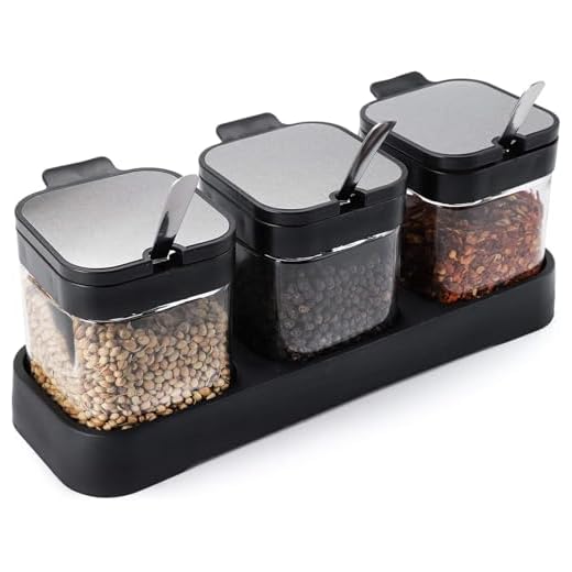 WUWEOT Gewürzbehälter 3er Set aus Glas 220 ml Gewürzgläser Gewürzdosen Gewürzständer Glasgewürzbox Zucker- und Salzdosen-Set mit Deckel Löffel und Halter für Küche und Esstisch Schwarz