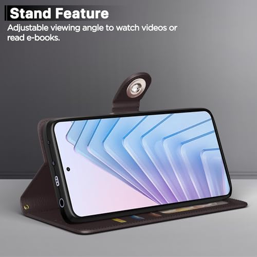 Image of Pikkme Flip Cover Leather Finish | Inside TPU with Card Pockets | Wallet Stand and Shock Proof | Complete Protection Button Flip Case for Redmi Note 14 5G (Coffee)