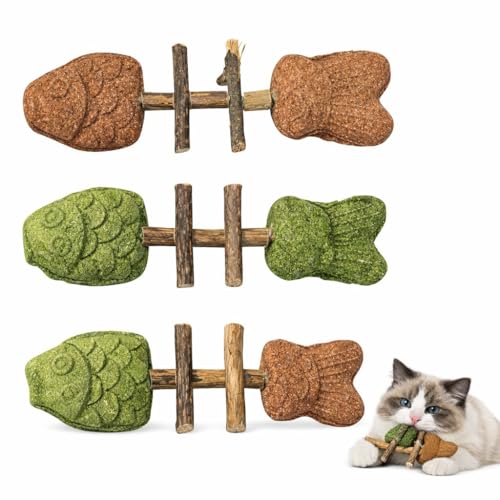 Eralivmart 3PCS Cat Dental Toys Health Chew Creative Fishbone Shape Teething with Catnip Fix Your Cats Health Natural Wooden Teeth Cleaning Stick Multi Flavor Options Durable Feline Tooth Care Tool