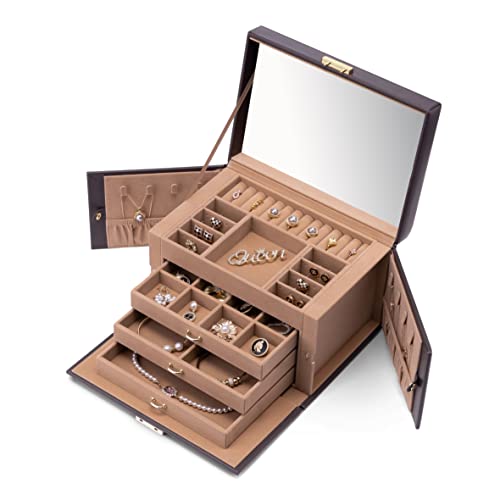 Vlando Jewelry Box Organizer for Girls Women, Large Baroque Jewelry Storage Box with Mirror,Drawers for Bracelets, Earrings, Rings, Necklaces, Mothers Day Difts for Loved One, Pink A.pink