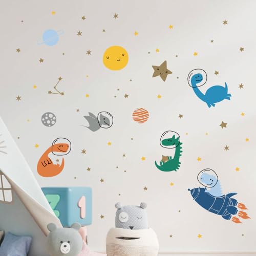 Image of Space Dinosaur Wall Stickers for Kids - Large Peel and Stick Decals (165x136cm) - Astronaut Dino & Planet Galaxy Theme - Nursery & Bedroom Decor