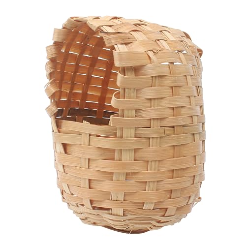 Finch Nest for Cages, Large Natural Bird Houses, Bamboo Hand Made Nests Hideout Cage with Metal Hook, Small Hut Toy House Shelter, Eco-Friendly Hanging Hand-Woven Box for Outdoor Accessories (1Pc)