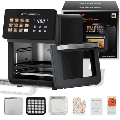 AboveMoon 10L Large Xl Pro Air Fryer Oven With Grill Combo For Kitchen Countertop Use,12 in 1 Smart Convection Ovens,AirFryer With Glass View Window,Nonstick Basket,Fryer Liners,Removable Door-Black