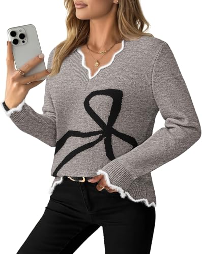 Pink Queen Women 2025 Chic Bow Sweater V Neck Long Sleeve Pullover Knitted Casual Jumper Tops