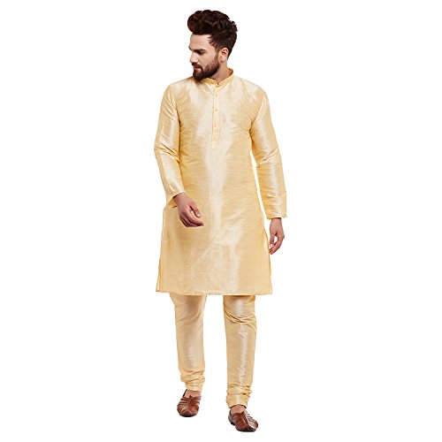 Image of SOJANYA (Since 1958 Men's Golden Dupion Silk Classic Solid ONLY Long Kurta