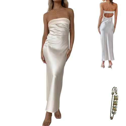 Image of Womens Strapless Satin Maxi Dress Backless Tube Dress | Strapless satin maxi dress with elastic back folded bust backless cut smooth drape and slim tube fit for events