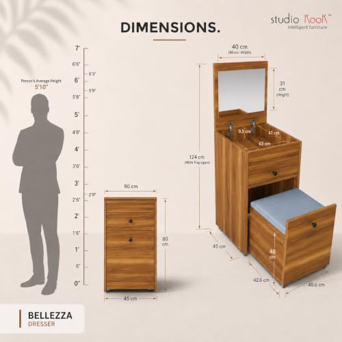 Image of Studio Kook Beleza Dressing Table with Mirror & Seat, Amber Walnut | Engineered wood dresser with lift-up mirror, drawer and pull-out cushioned storage seat; compact closed size 45 x 45 x 80 cm.