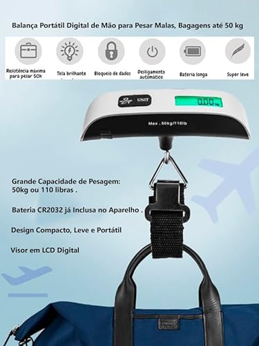 Balança Digital para Bagagem Portátil 50 kg - Precisão para Viagens, Pesca e Bagagem (Preto)