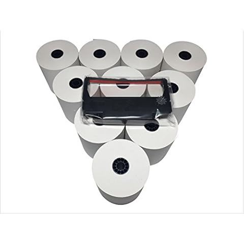 Vonlyst Compatible Cash Register Bond Paper Rolls 3 x 165 (10 rolls) plus replacement Printer Ribbon for Epson ERC 30/34/38 Cover