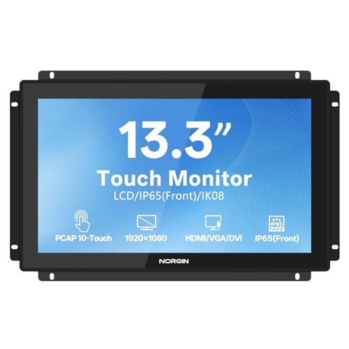 Image of 13.3 Inch Industrial Touchscreen Monitor, Open Frame 1920x1080 IP65, IPS, LCD Display with 10-Point Capacitive Touch, HDMI VGA DVI USB, VESA Mount Rugged Screen for POS, Kiosk, HMI, Automation