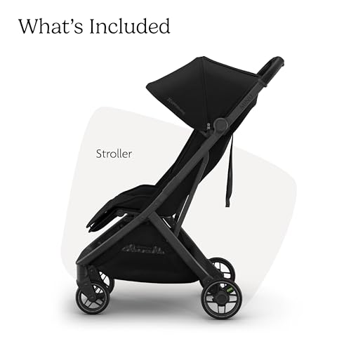 Image of UPPAbaby Minu V3 Travel Stroller - Lightweight + Compact Design - One-Hand Fold + Unfold - from Birth + Overhead Compatible - James (Black /Carbon Frame /Black Leather)