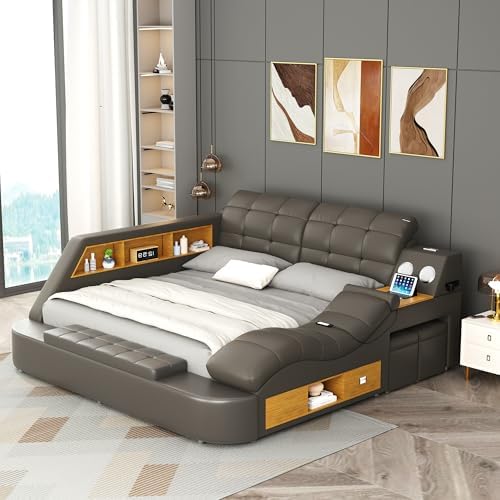 King Size Smart Multifunctional Bed Frame, Platform Bed with Mass...