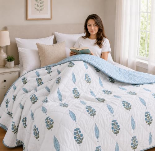 Image of RRC Cotton Jaipuri Comforter for Double Bed | Floral Print Lightweight Rajai | 200 GSM AC Quilt | Soft Breathable Summer Quilt | Pack of 1