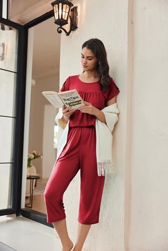 Image of Ekouaer Women's Capri Pajama Set Short Sleeve Mumu Pjs Pleated Top Capri Pants with Pockets Sleepwear Lounge Set