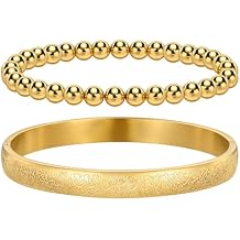 Hisatan Ramadan Eid Gifts for Women, 2 Pcs gold plated Allah Ayatul Kursi Cuff Bracelet, Arabic Islamic Muslim Womens Stacking Bangle Beads Bracelet Jewelry with Gift Box