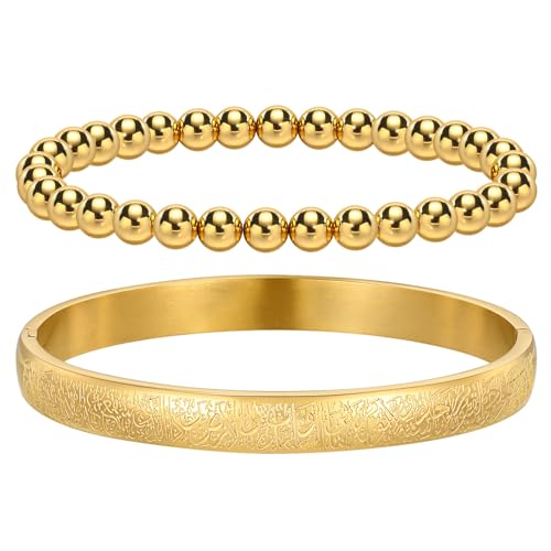 Bracelets Islamiques Ayat Al Kursi pour Femme - 2 Pièces avec Perles d'Allah et Coran Calligraphié - Protection Spirituelle - Bijoux Empilables pour Ramadan/Aïd/Cadeaux Musulmans (Masquer l'Argent)