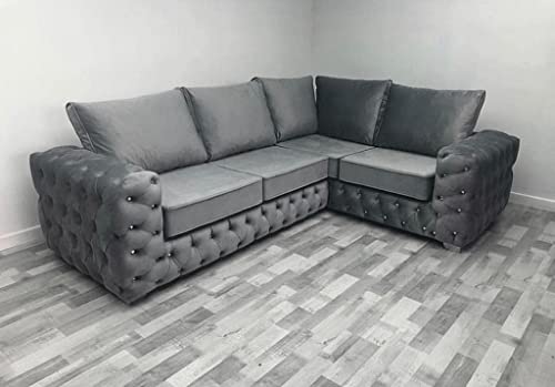 Lujoso y moderno sofá Chesterfield de terciopelo de felpa de acero de 5 plazas para sala de estar, elegante sofá tapizado con respaldo disperso, sofás esquineros elegantes para decoración del hogar