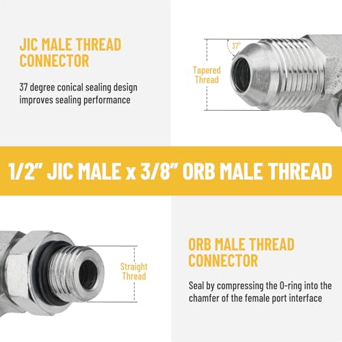 Image of 5 Pack 90 Degree Elbow Hydraulic Adapter Fittings: 1 /2 inch JIC 37 Male x #6 SAE /ORB Male, Hydraulic Hose End Connectors with Protection Cover - 6801-08-06