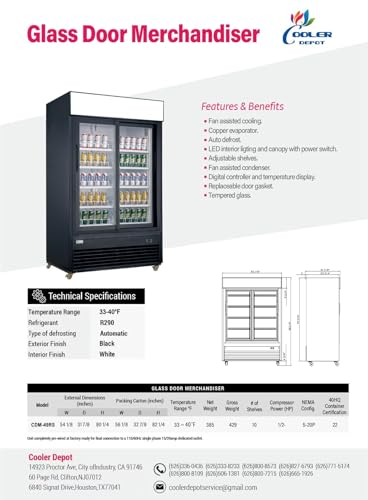 Commercial Refrigerator Glass 2-Door Sliding Door Merchandiser Display Cooler Case Fridge NSF, Bottom-Mounted, 54 inches width, capacity 47 cuft 110V, Restaurant Kitchen CDM-49RS - Image 5