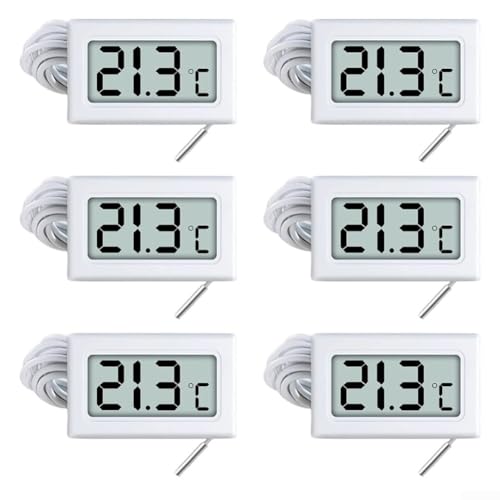 Marchfunny Lot de 6 thermomètres numériques avec capteur externe, de -50 °C à 110 °C, pour réfrigérateur, congélateur, aquarium, serre, blanc