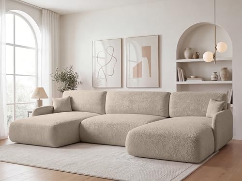KP-Meble U-Form Wohnlandschaft mit Schlaffunktion 360x175 cm Bouclé Beige...