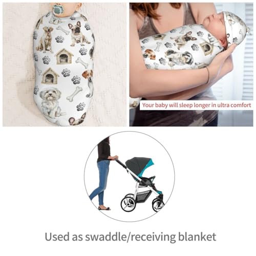 Image of Cute Dog Swaddle Blanket with Beanie Hat Set Animal Print Newborn Swaddle Wrap Soft Baby Receiving Blankets Baby Swaddle Blanket for Baby Boys and Girls