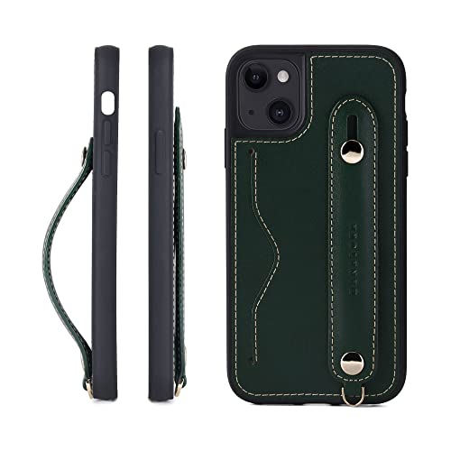 iPhone13 ケース 本革 グリップケース レザー ストラップ付属 イタリア製牛革 ヌメ革 片手操作 カード収納 スタンド機能 メンズ レディース グリーン CGH-13-Green