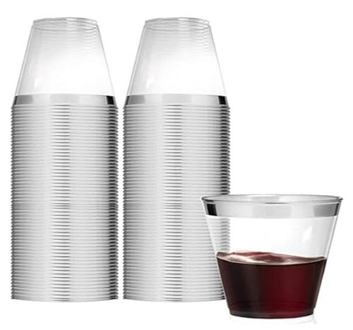 ゴールデン プラスチックのコップ 9オンスの使い捨てカップ プラスチックワイングラス パーティーカップ 透明なカップ パーティー向け (シルバー,100個)