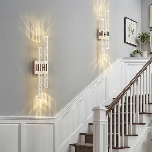 Image of Crystal Wall Sconces Set of Two LED Wall Sconce Hardwired Brushed Nickel Bathroom Vanity Light Fixtures 21.25in 4000K Vertical and Horizontal Wall Mounted Sconces for Bedroom Living Room