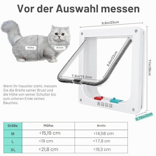 Katzentür für Fenster, Fliegengittertüren und Schiebetüren, Sicherheitstür für Haustiere mit 4-Wege-Sperre, wetterfeste Katzenklappe für dünne Tür und Wand (X-Large, Außengröße 28x25cm)