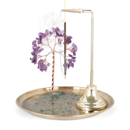 OTOFY 6.7 Inch Crystal Incense Holder for Sticks, Anti-Ash Flying Incense Burner with Crystal Stone Money Tree-Incense Burner for Meditation, Yoga and Home Decor (Purple)
