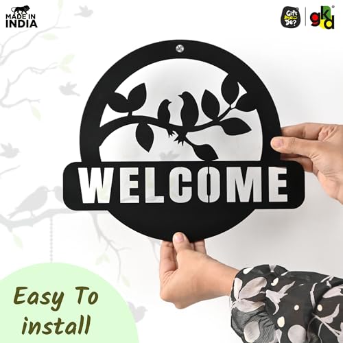 Image of Gift Kya De Wooden Welcome Sign for Home Entrance | Bird Wall Hanging Decor | GKD Laser Cut Welcome Board for Living Room, Office & Cafe (Black)