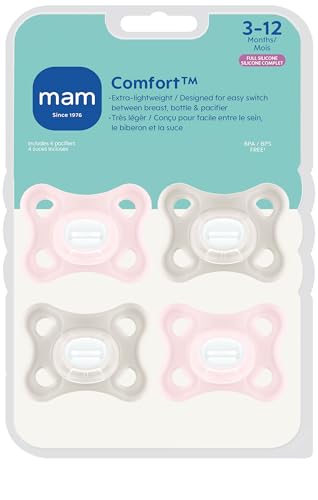 Image of MAM Comfort Baby Pacifiers 3-12 Months Babies, Lightweight One-Piece Full Silicone Binky, BPA-Free Nipple, Easy to Clean Pacifier, Best for Breastfed Babies, 4 Count, Made in Europe