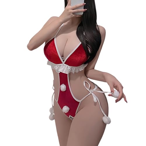 Mujer Lencería Navidad Encaje Vestido de Verano Estilo Navidad Home Wear Pijamas Santa Lencería para Mujeres Santa Chemise Lencería (Rojo, L)