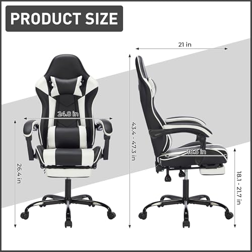 Image of Gaming Chair with Footrest for Home Office - High Back Computer Chair with Headrest and Lumber Support, Ergonomic Height Adjustable Leather Game Chairs (Black+White)